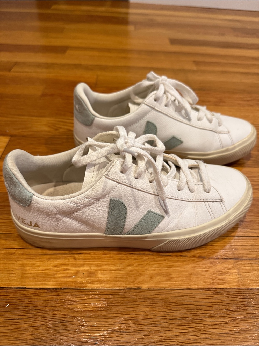 Veja Women’s White Leather Sneakers with Pale Green Suede V Logo